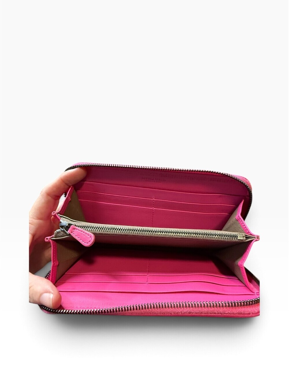 Bottega Veneta Intrecciato Fuchsia Pink Leather Zip Around Wallet Box Dust Bag - Picture 8 of 12